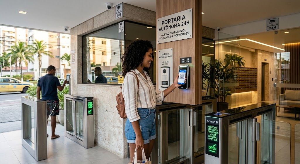 Moradora utilizando QR Code em acesso de portaria autônoma
